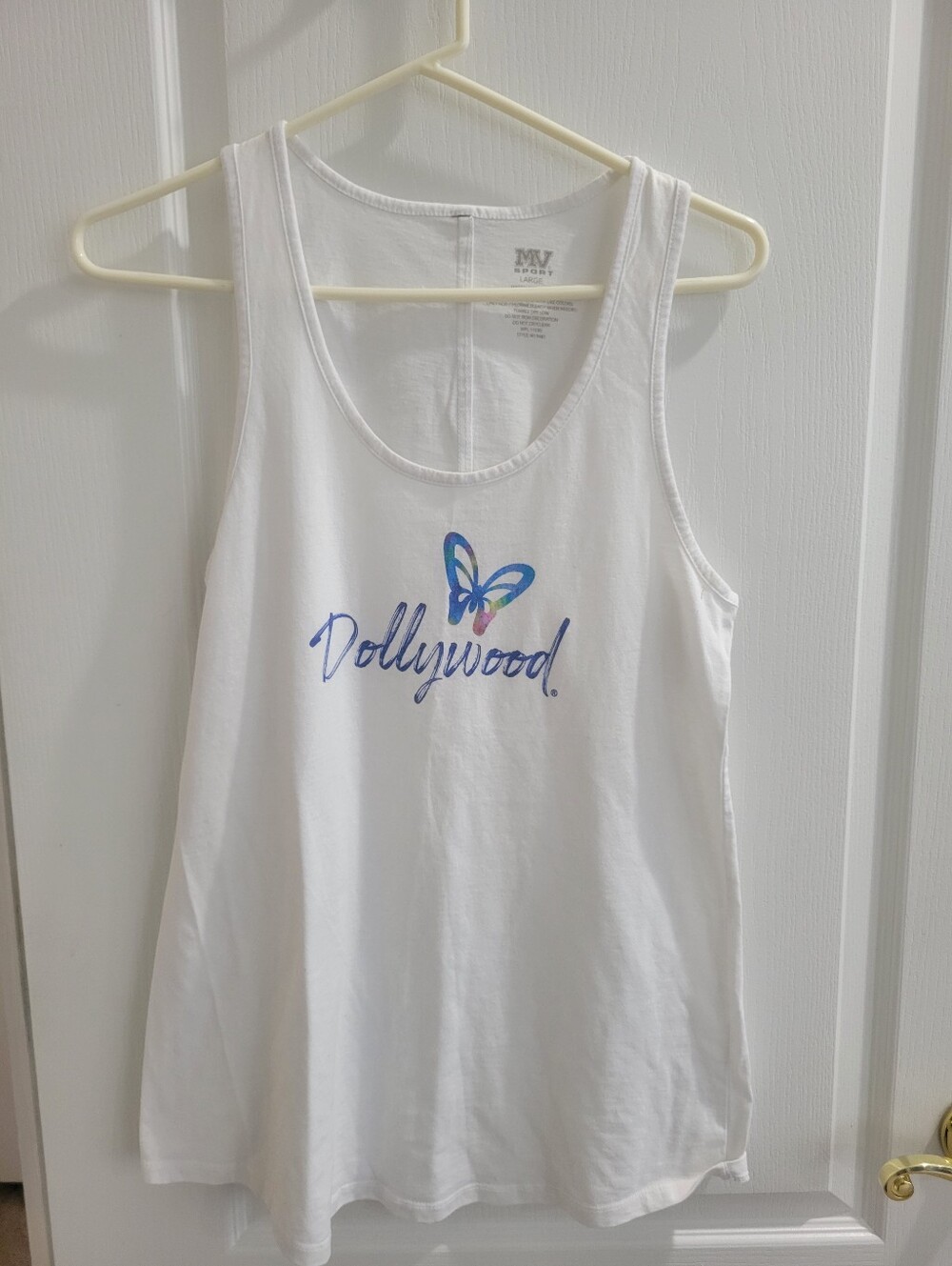 MV Sport Dollywood Tank Top White Large Dolly Parton Butterfly Theme Park Shirt